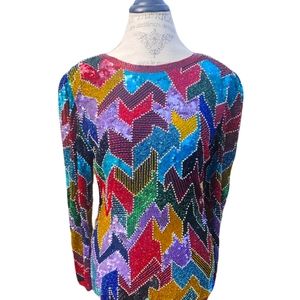 Vintage 80s Oleg Cassini Black Tie Sequins Top Subtle Puff Shoulder 8 NYE